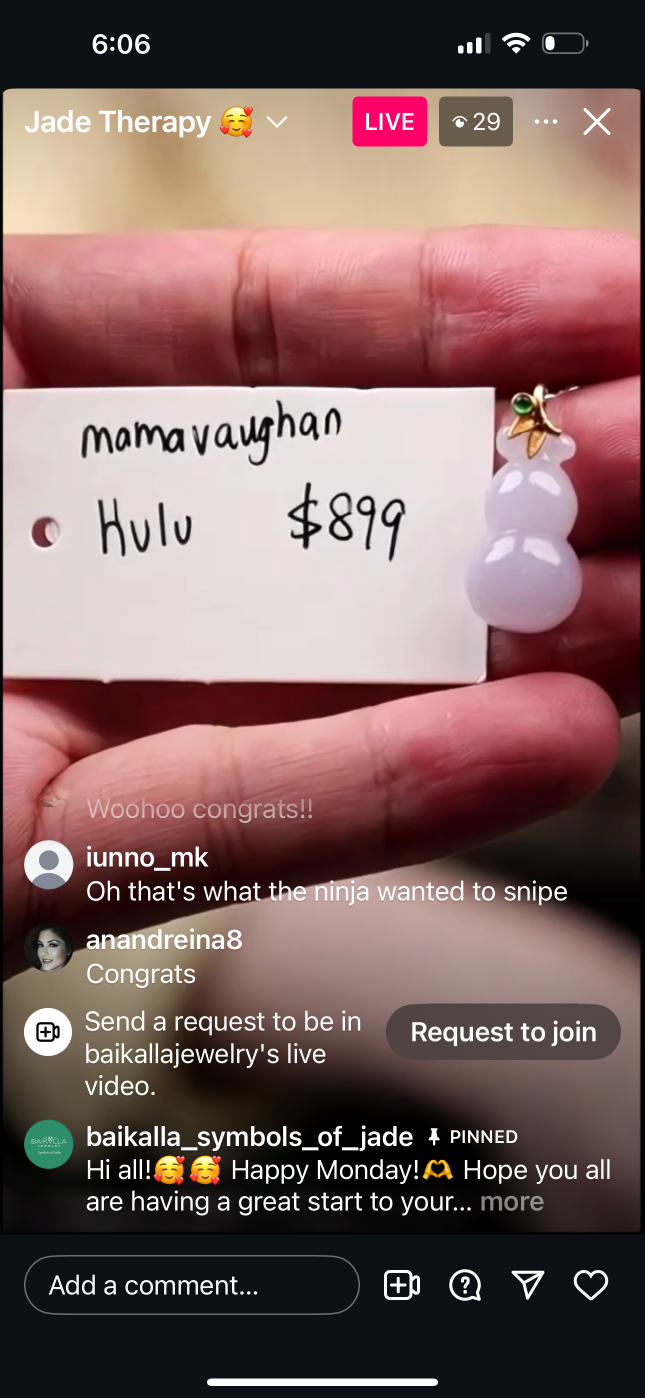 Live " 18k Natural Icy Lavender Color Jadeite Jade Hulu Pendant" (Live Pick) (06/02/25)