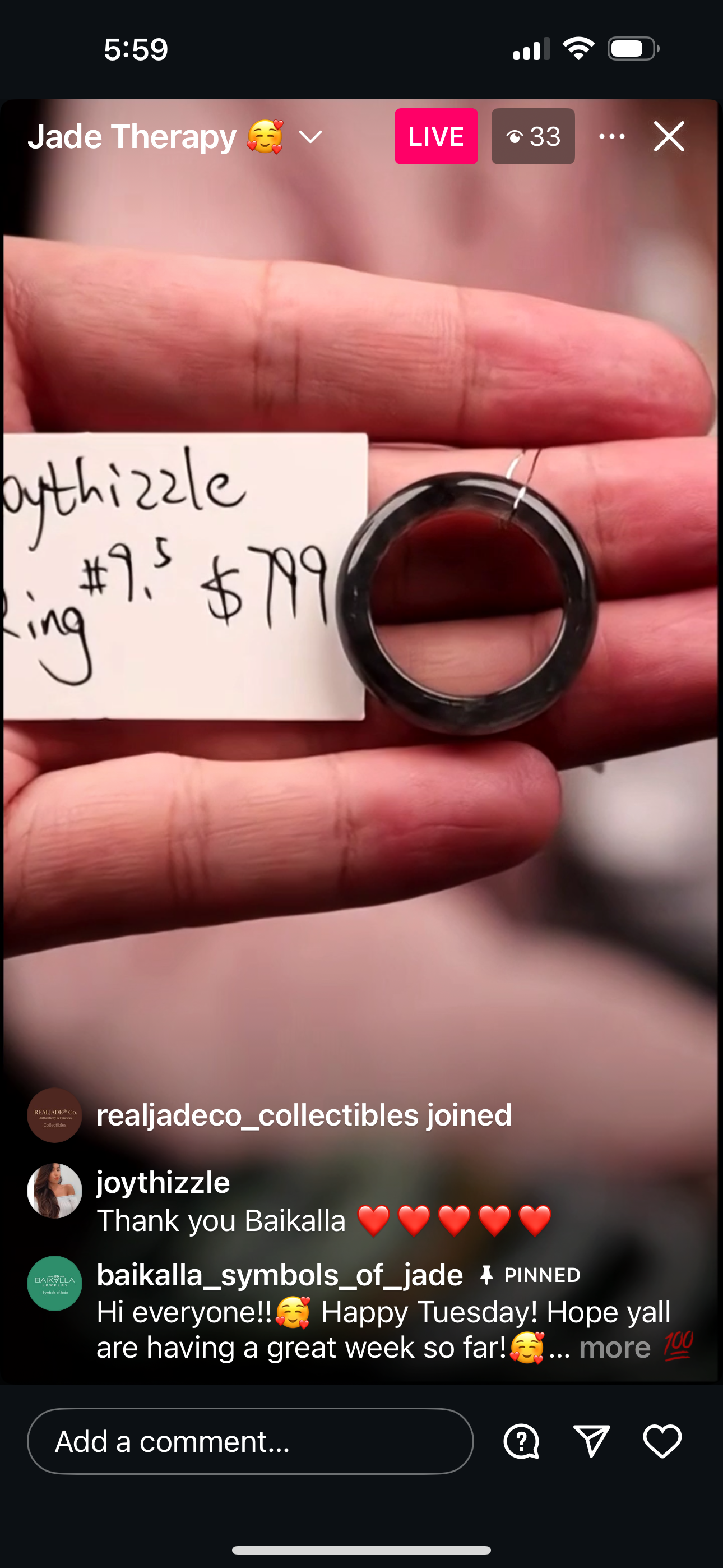 Live "Natural Icy WuJi "Black" Jadeite Jade Solid Ring" (Live Pick) (06/03/25)