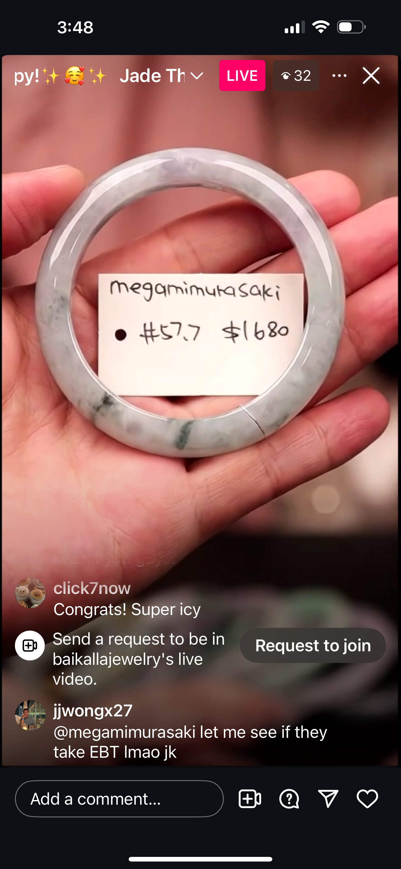 Live "Natural Blue Flower Light Icy Jadeite Jade Bangle" (06/17/25)
