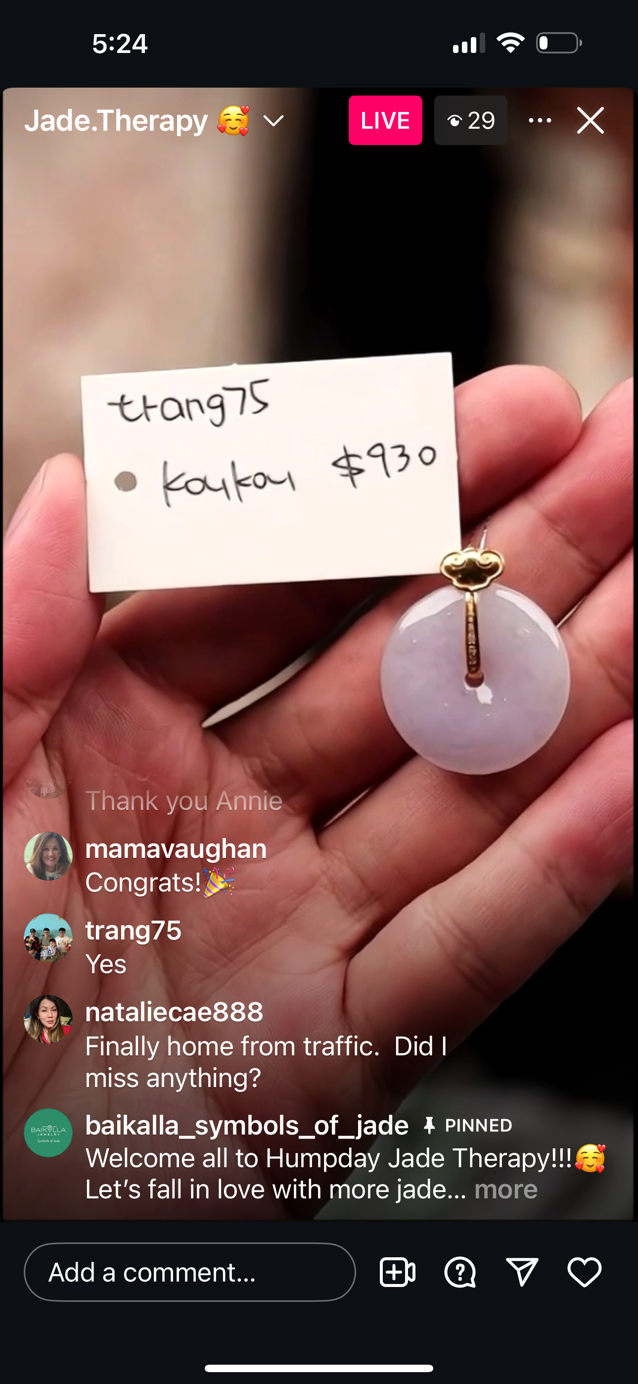 Live "18ky Ru Yi Bail Natural Icy Lavender Jadeite Jade Kou Kou Pendant" (06/18/25)
