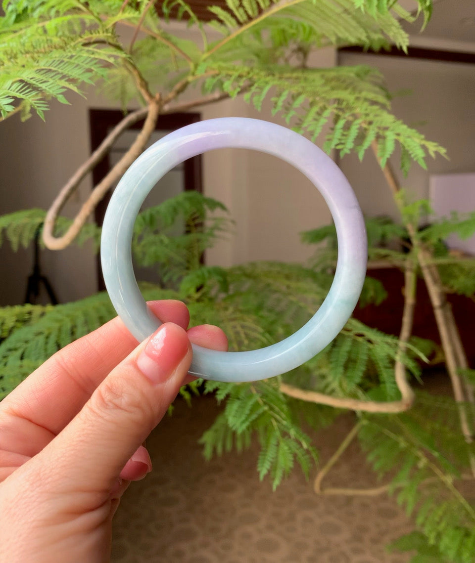 Natural Green and Lavender Burmese Jadeite Jade Bangle (Carving Bangle) 64.5mm (Custom)