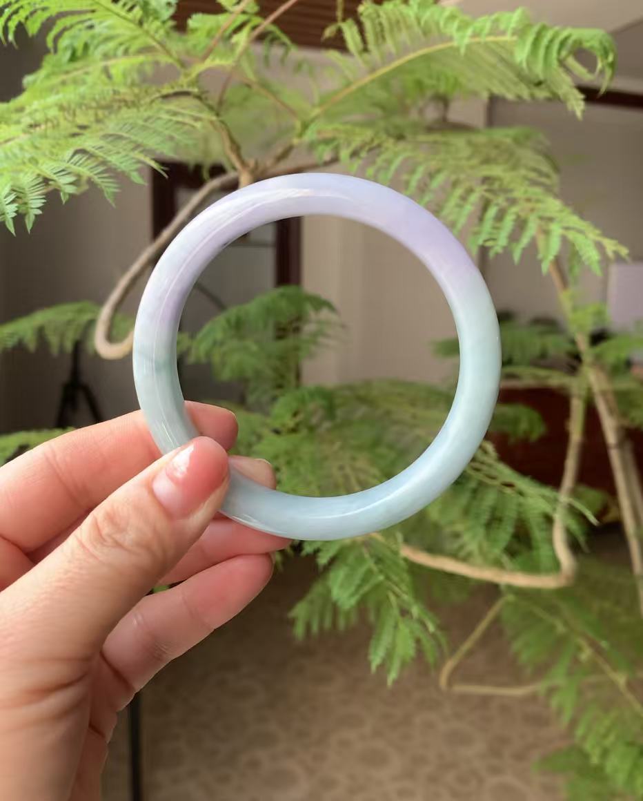 Natural Green and Lavender Burmese Jadeite Jade Bangle (Carving Bangle) 64.5mm (Custom)