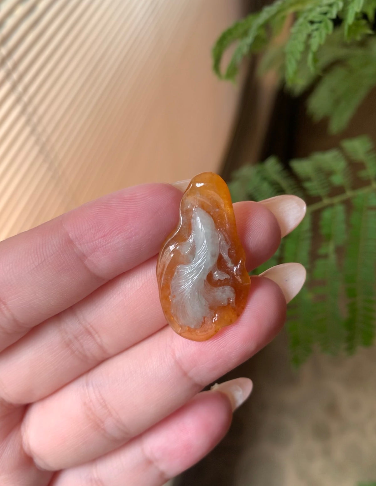 18K Yellow Gold Reddish Brown Jadeite Jade Fish Carving Pendant (Custom Gold Setting)