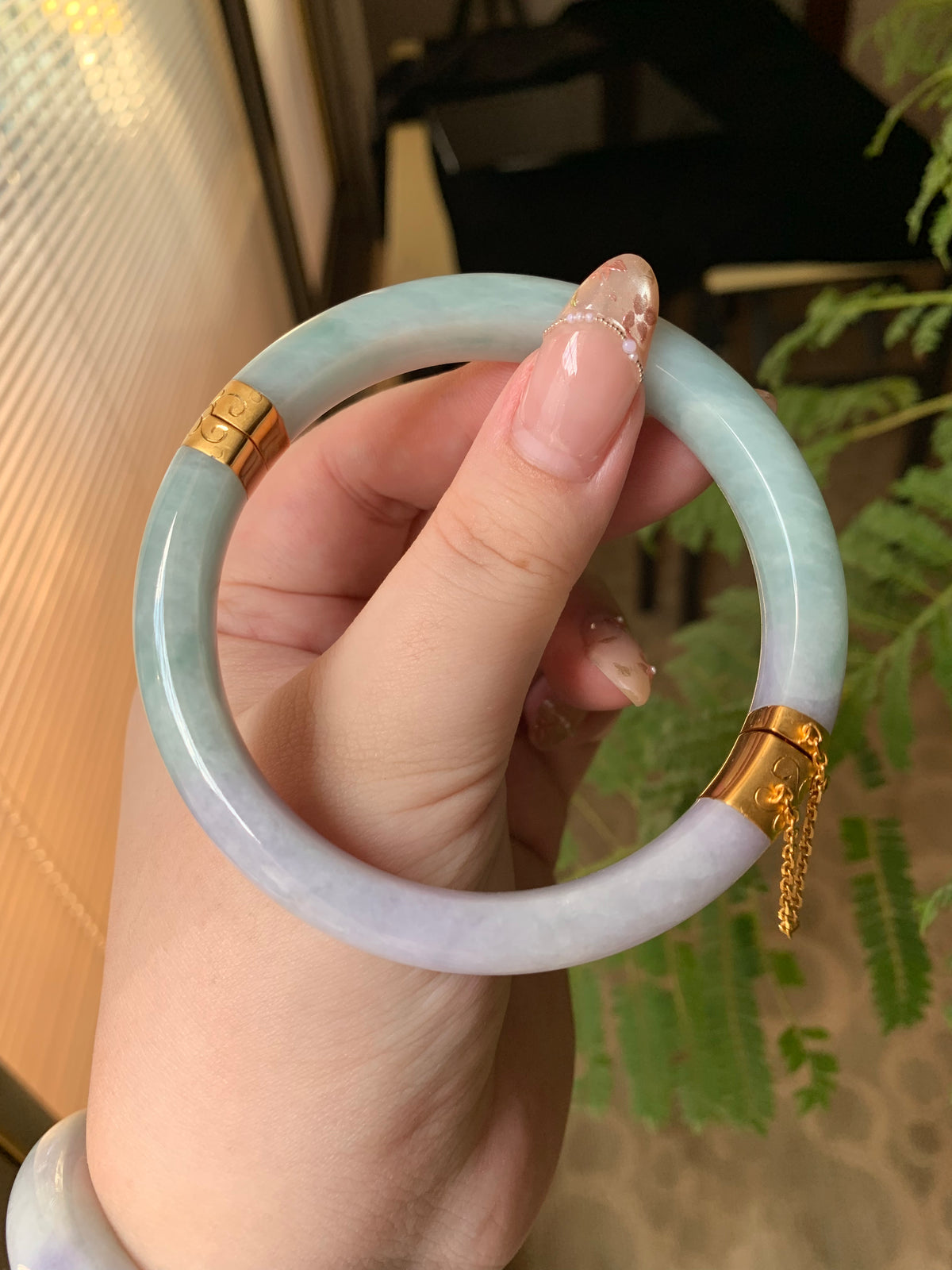 Custom 18K Yellow Gold Filigree Hinge Green &amp; Lavender Jadeite Jade Bangle (Gold Only)