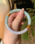 Custom 18K Yellow Gold Filigree Hinge Green & Lavender Jadeite Jade Bangle (Gold Only)