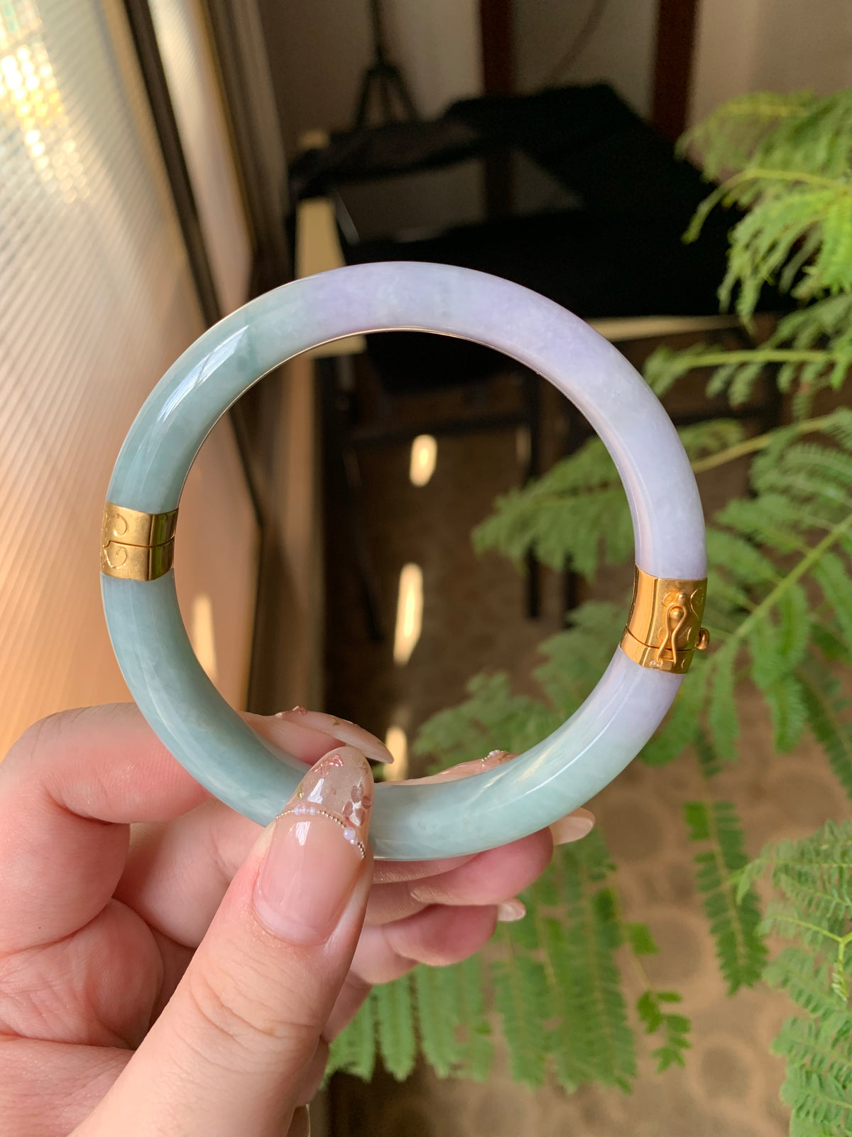 Custom 18K Yellow Gold Filigree Hinge Green &amp; Lavender Jadeite Jade Bangle (Gold Only)