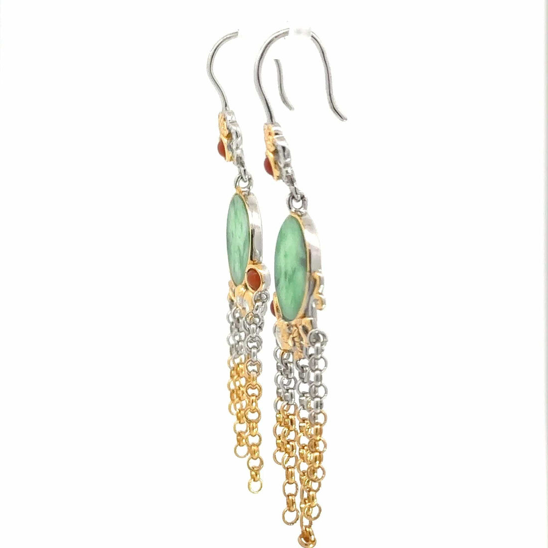 Baikalla Jewelry Jade Earrings Baikalla Antique Natural Jadeite Jade Sterling Silver Gold Plated Two Tone Dangle Earrings