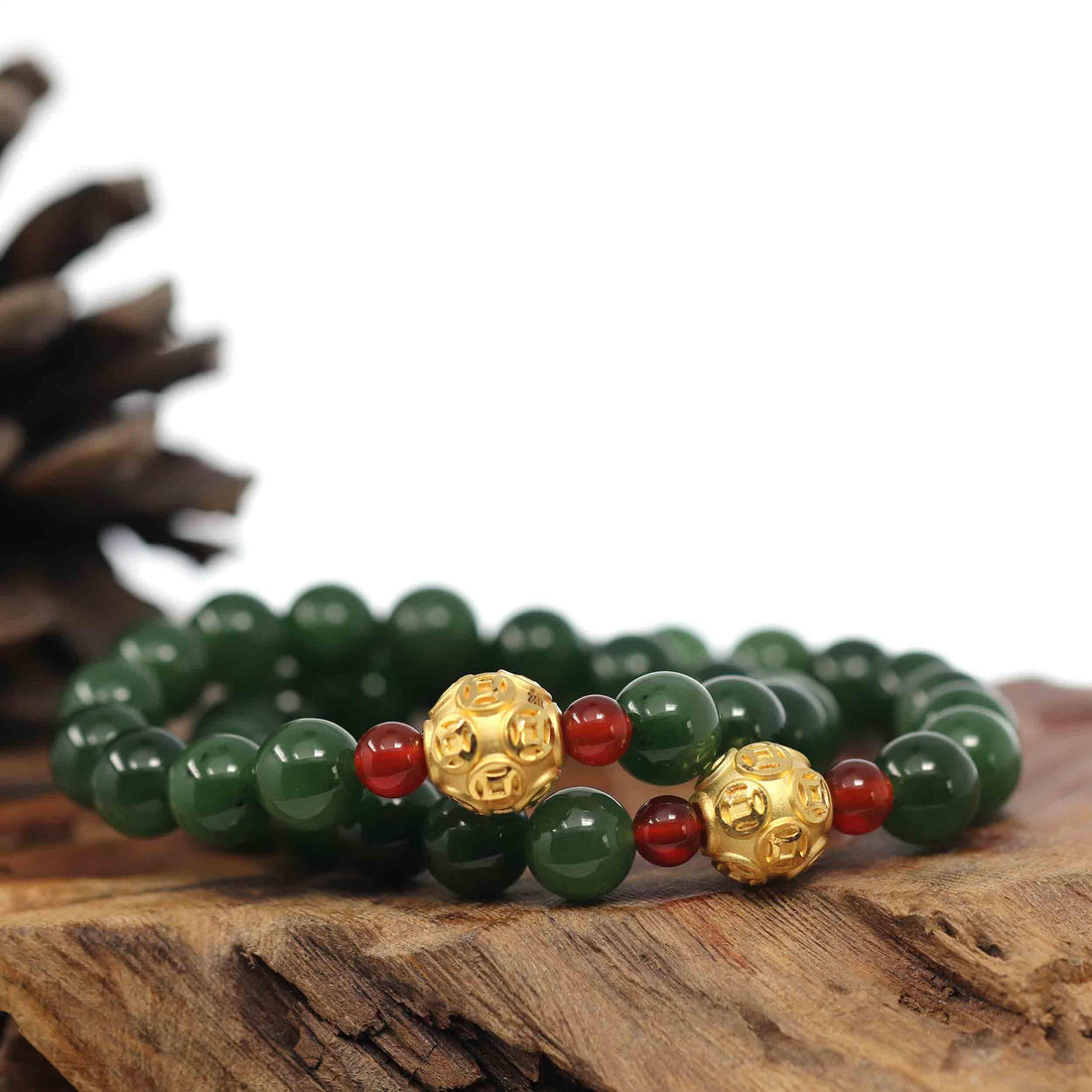 Baikalla Jewelry jade beads bracelet 6.5 inches Baikalla Natural Green Nephrite Jade Round Beads Bracelet 24K Pure Yellow Gold Buddha Symbol Charm ( 8 mm )