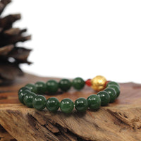 Baikalla Jewelry jade beads bracelet Baikalla Natural Green Nephrite Jade Round Beads Bracelet 24K Pure Yellow Gold Buddha Symbol Charm ( 8 mm )