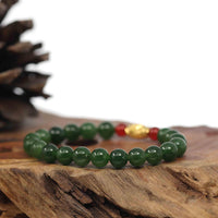 Baikalla Jewelry jade beads bracelet Baikalla Natural Green Nephrite Jade Round Beads Bracelet 24K Pure Yellow Gold Buddha Symbol Charm ( 8 mm )
