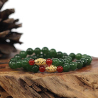 Baikalla Jewelry jade beads bracelet 6.5 inches Baikalla Natural Green Nephrite Jade Round Beads Bracelet 24K Pure Yellow Gold Buddha Symbol Charm ( 8 mm )