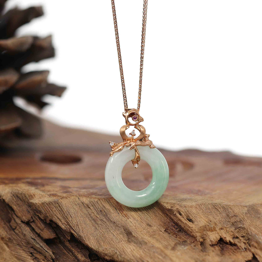 Baikalla Jewelry 18k Gold Jadeite Necklace Pendant Only Baikalla™ "Good Luck Birdie" 18k Rose Gold Genuine Burmese Jadeite Lucky Kou Kou Pendant Necklace With Ruby and Diamond