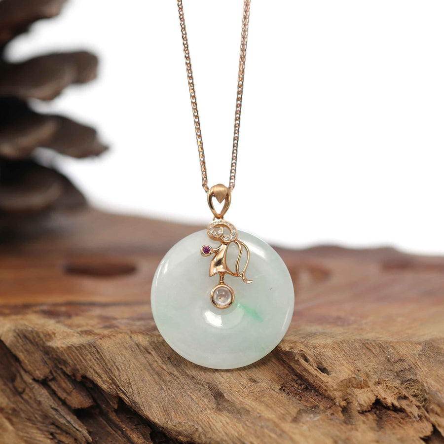 Baikalla Jewelry Gold Jadeite Necklace Pendant Only 18k Rose Gold Genuine Jadeite Constellation (Virgo) Necklace Pendant with Diamonds & Ruby