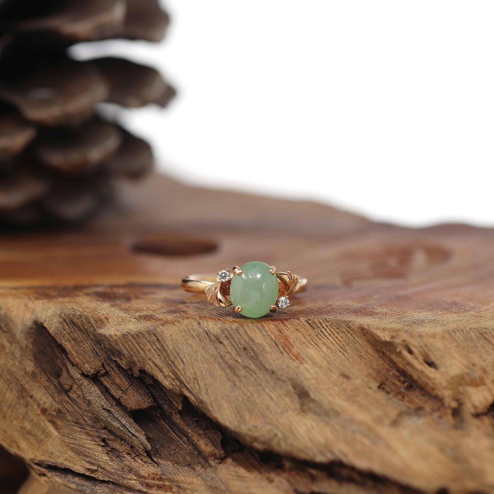 Ring Jade Stone Jewellery 14K Yellow Gold Green Jade And Diamond Ring