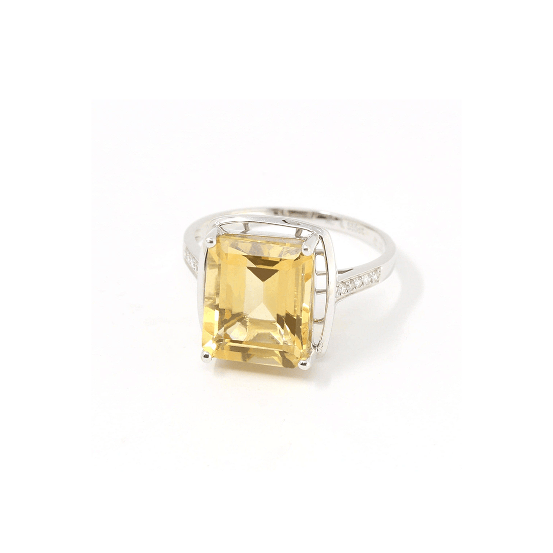 Baikalla Jewelry Gold Citrine Ring 18k White Gold Natural Emerald Cut Citrine Ring W/ Diamonds