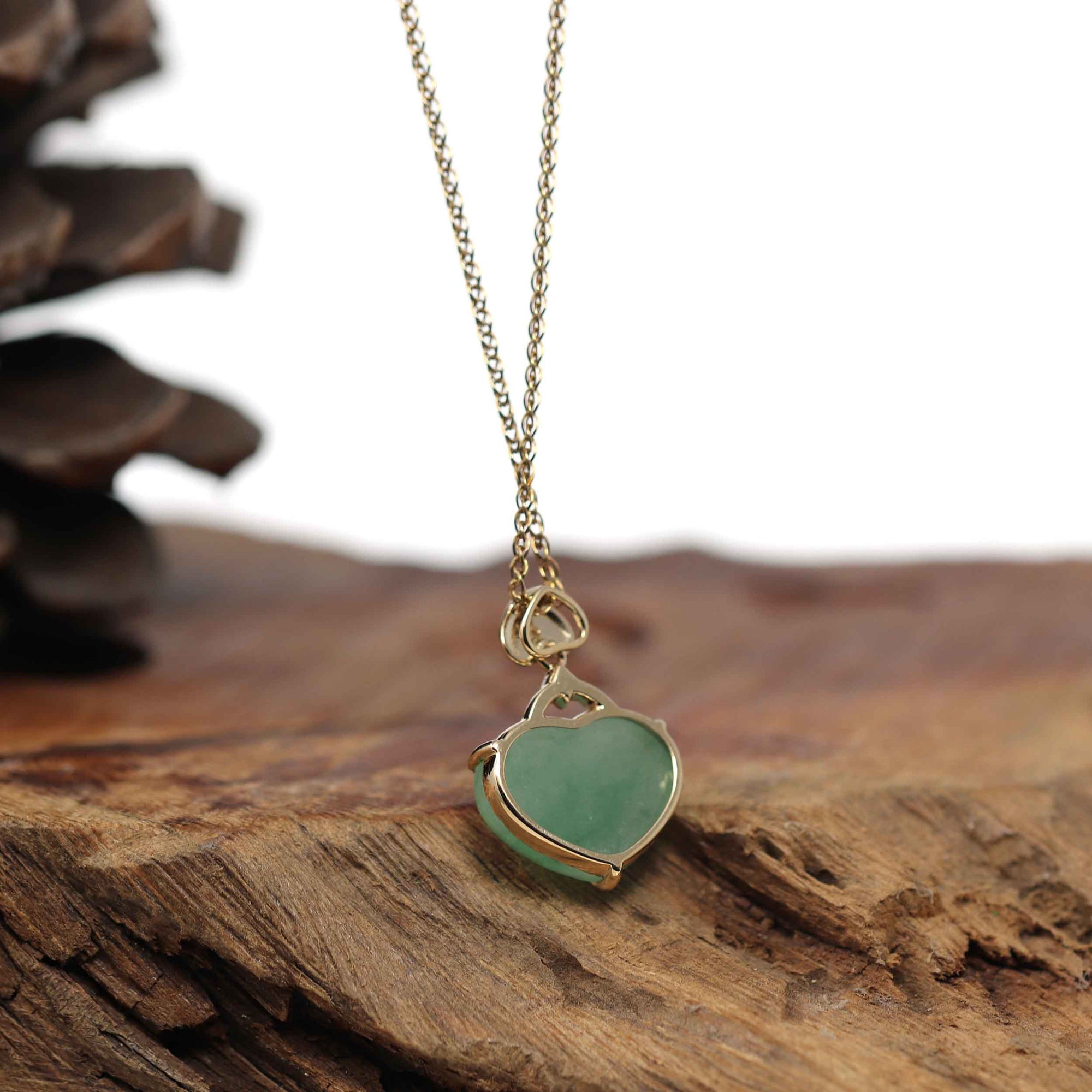 Baikalla Jewelry 18k Gold Jadeite Necklace Baikalla 14K Yellow Gold Genuine Burmese Green Jadeite Jade Heart Pendant with VS1 Diamonds