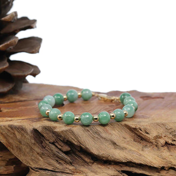 Baikalla Jewelry jade beads bracelet 6.5 inches Sterling Silver Gold Plated Genuine Green Jadeite Jade Bead Bracelet ( 7 mm )