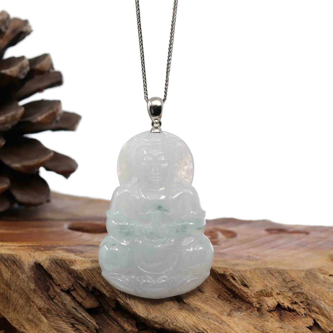 Baikalla Jewelry Jade Guanyin Pendant Necklace "Goddess of Compassion" Sterling Silver Genuine Burmese Jadeite Jade Guanyin Necklace
