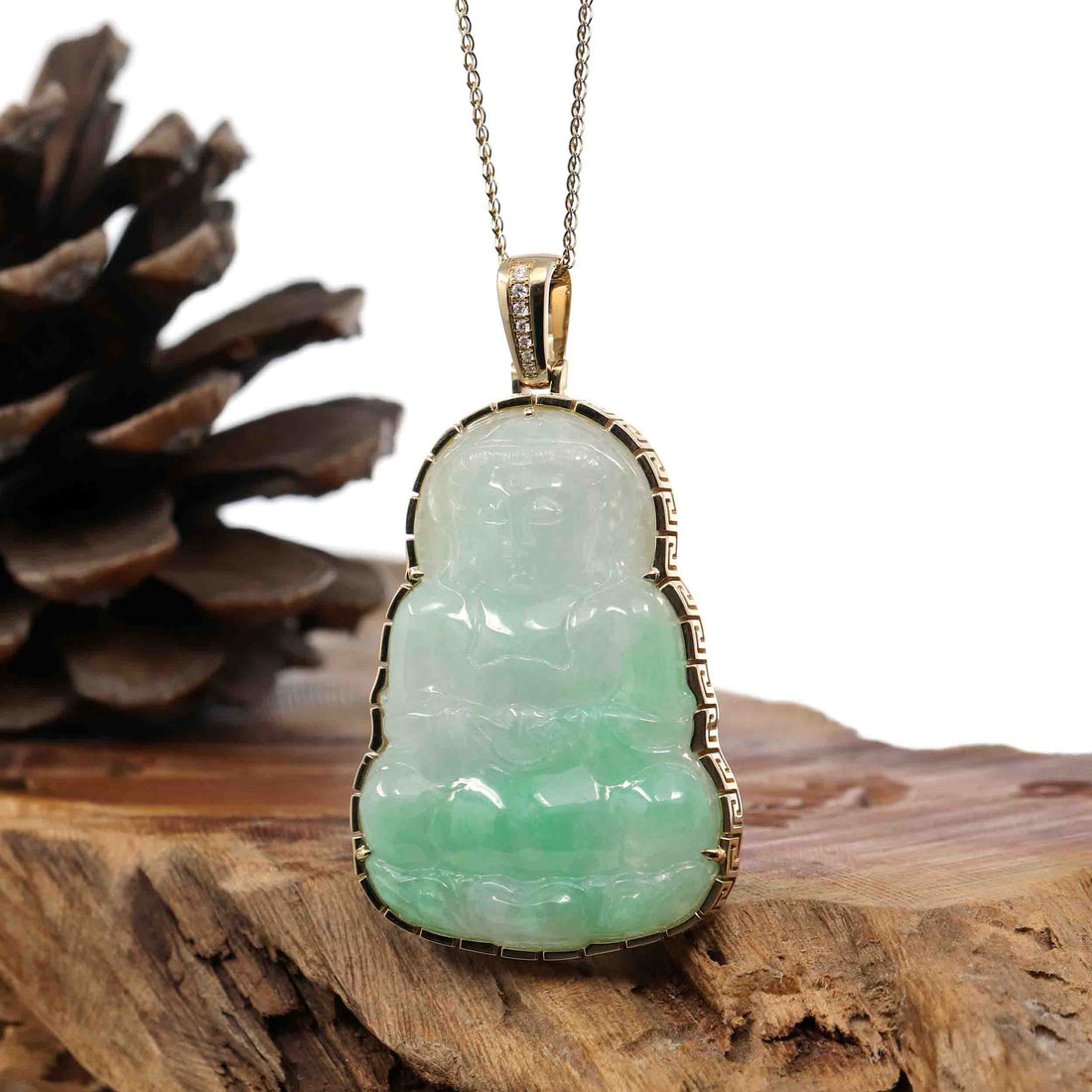Baikalla Jewelry Jade Guanyin Pendant Necklace Copy of "Goddess of Compassion" 18k Yellow Gold Genuine Burmese Jadeite Jade Guanyin Necklace