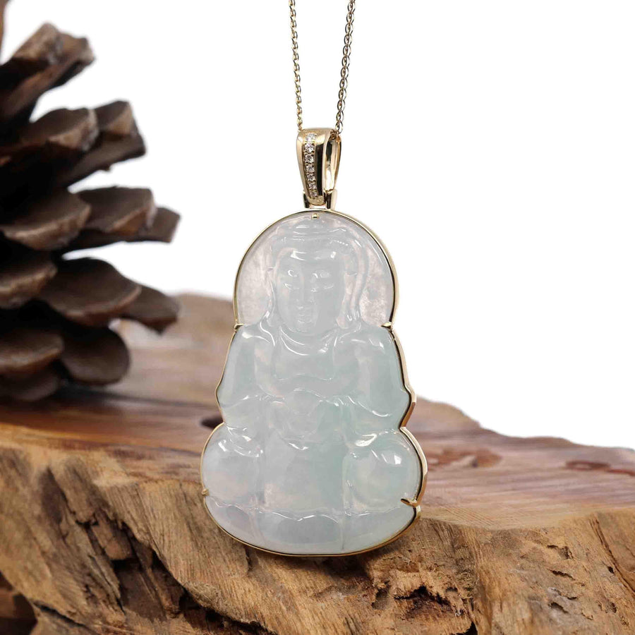 Baikalla Jewelry Jade Guanyin Pendant Necklace Pendant Only "Goddess of Compassion" 14k Yellow Gold Genuine Burmese Jadeite Jade Guanyin Necklace