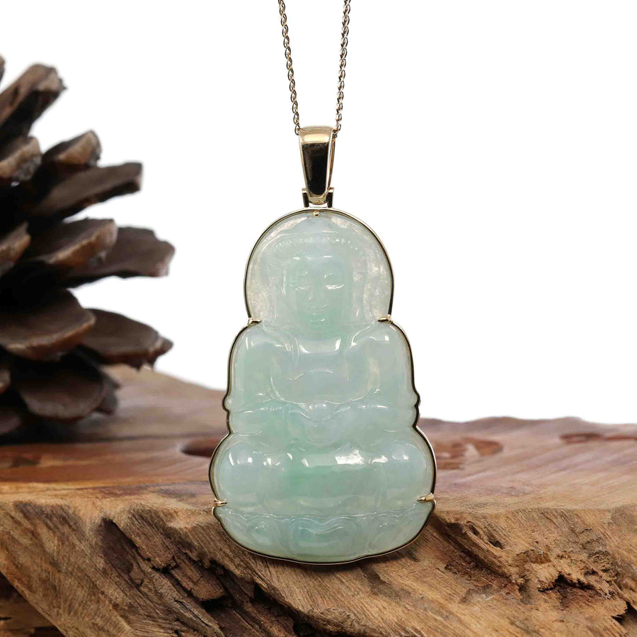 Baikalla Jewelry Jade Guanyin Pendant Necklace Pendant Only "Goddess of Compassion" 18k Yellow Gold Genuine Burmese Jadeite Jade Guanyin Necklace