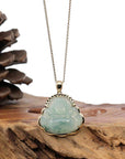 Baikalla Jewelry Gold Jadeite Jade Pendant Necklace Natural Burmese Jadeite Jade Happy Buddha Diamond Cut With 14k Yellow Bail