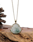 Baikalla Jewelry Gold Jadeite Jade Pendant Necklace Natural Burmese Jadeite Jade Happy Buddha Diamond Cut With 14k Yellow Bail