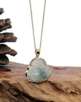 Baikalla Jewelry Gold Jadeite Jade Pendant Necklace Natural Burmese Jadeite Jade Happy Buddha Diamond Cut With 14k Yellow Bail