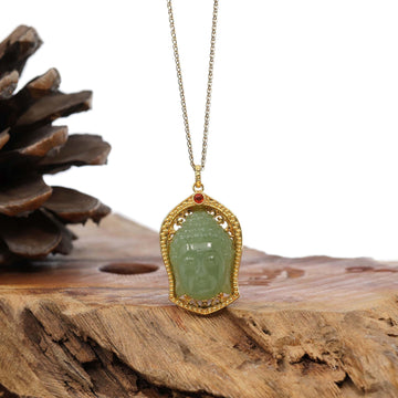 Baikalla Jewelry Gold Jade Pendant Baikalla™ 24K Yellow Gold Genuine Nephrite Green Jade GuanYin Pendant Necklace