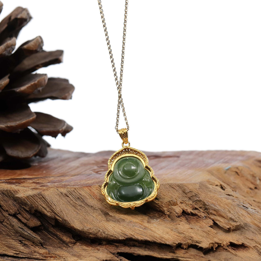 Baikalla Jewelry Jade Pendant Baikalla™ "Laughing Buddha" 24k Yellow Gold Nephrite Jade Necklace Pendant