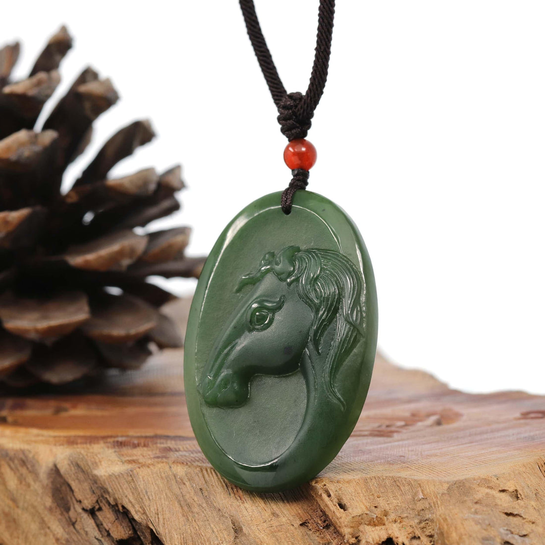 Baikalla Jewelry Jade Carving Necklace Natural Jade 12 Zodiac: Nephrite Jade Horse Pendant Necklace in Deep Green