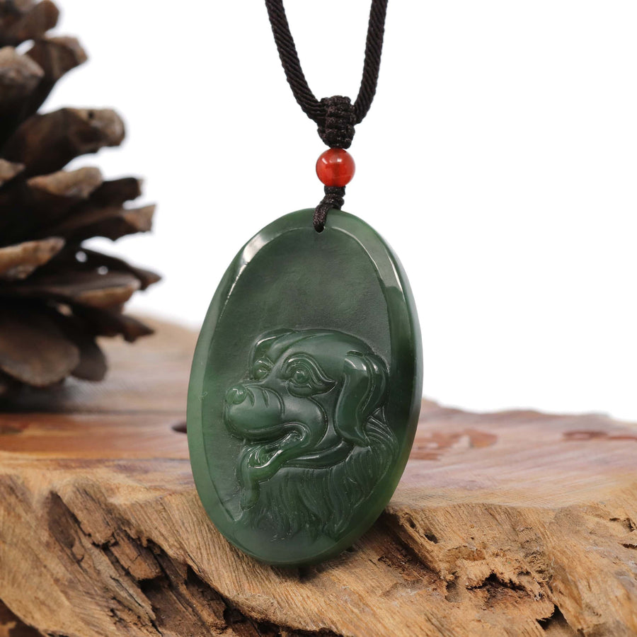 Baikalla Jewelry Jade Carving Necklace Natural Jade 12 Zodiac: Nephrite Jade Dog Pendant Necklace in Deep Green