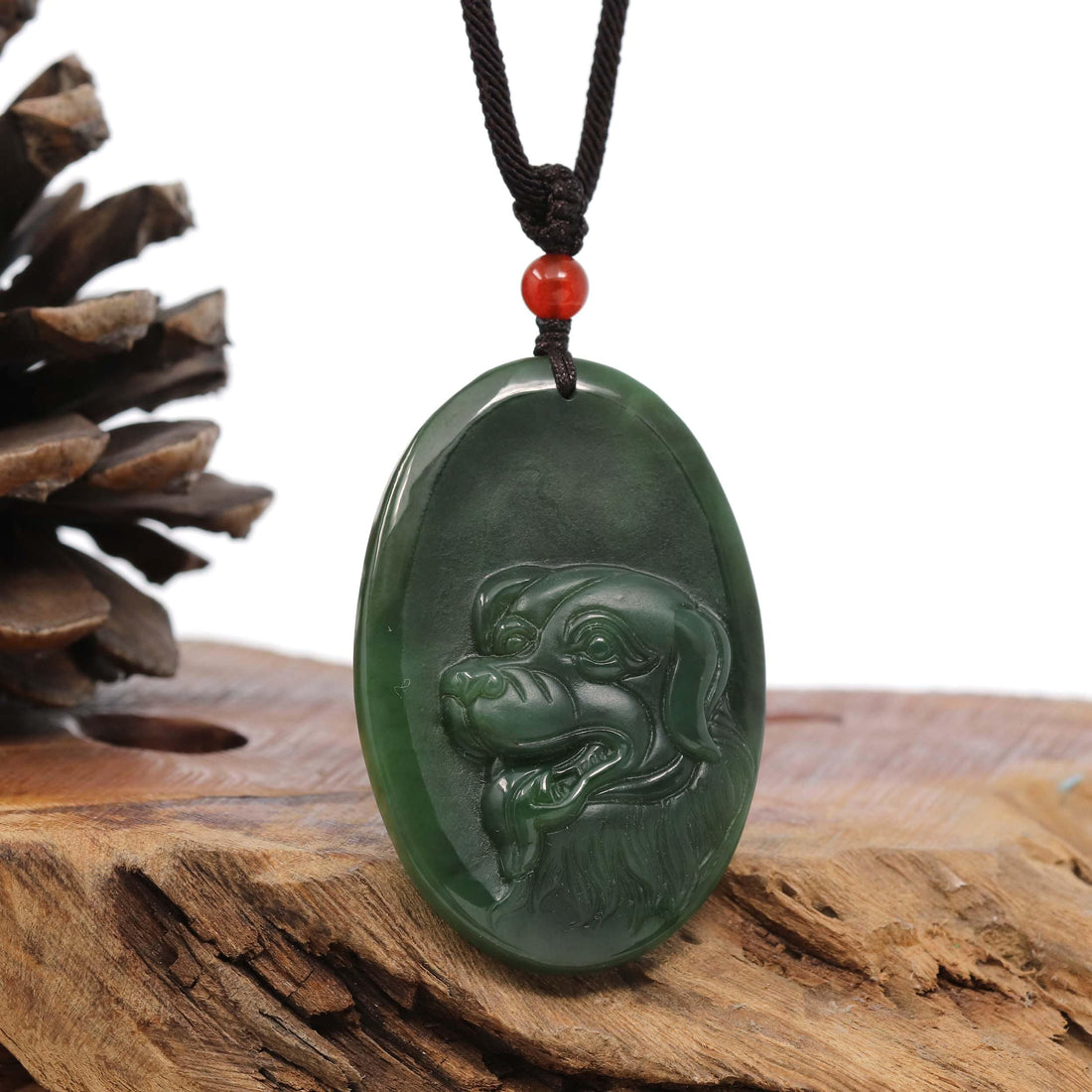 Baikalla Jewelry Jade Carving Necklace Natural Jade 12 Zodiac: Nephrite Jade Dog Pendant Necklace in Deep Green
