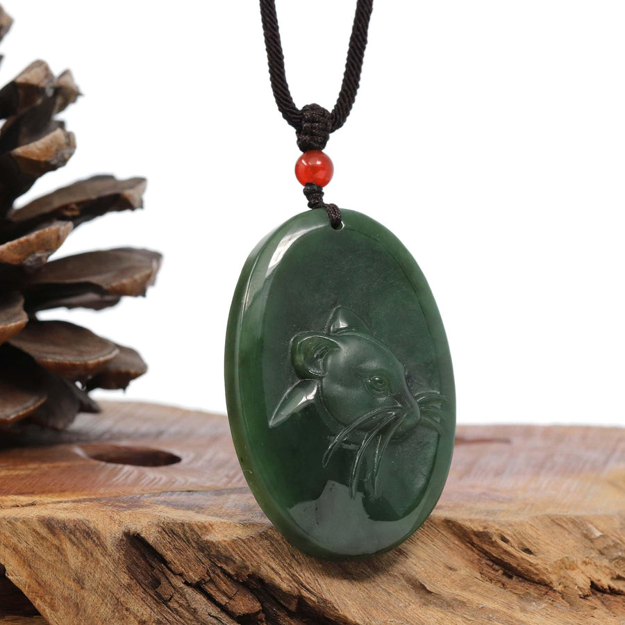 Baikalla Jewelry Jade Carving Necklace Natural Jade 12 Zodiac: Nephrite Jade Rat Pendant Necklace in Deep Green