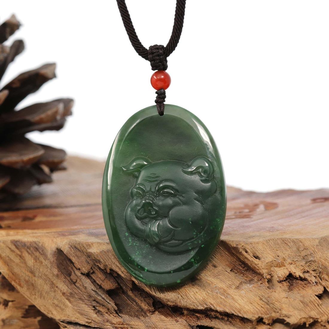 Baikalla Jewelry Jade Carving Necklace Natural Jade 12 Zodiac: Nephrite Jade Hog Pendant Necklace in Deep Green