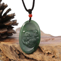 Baikalla Jewelry Jade Carving Necklace Natural Jade 12 Zodiac: Nephrite Jade Hog Pendant Necklace in Deep Green