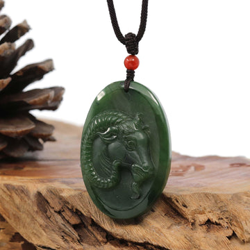 Baikalla Jewelry Jade Carving Necklace Natural Jade 12 Zodiac: Nephrite Jade Sheep Pendant Necklace in Deep Green