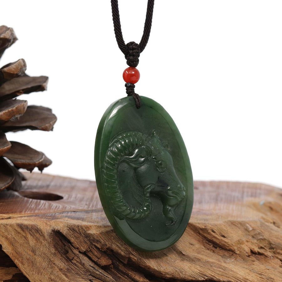 Baikalla Jewelry Jade Carving Necklace Natural Jade 12 Zodiac: Nephrite Jade Sheep Pendant Necklace in Deep Green
