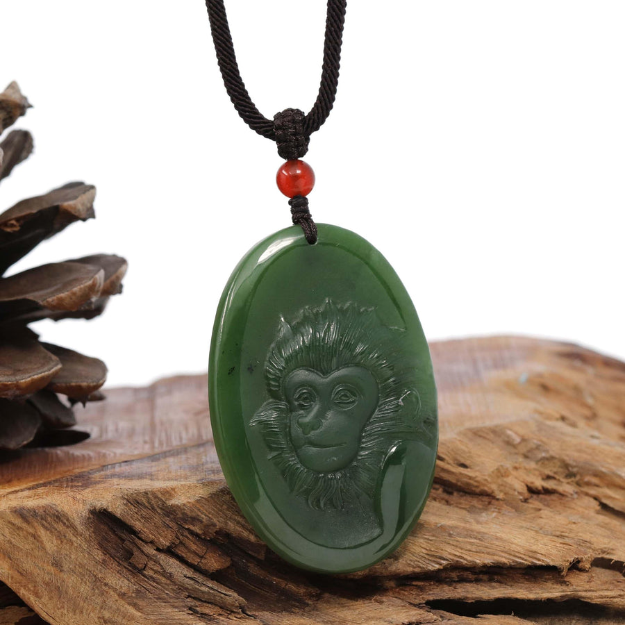 Baikalla Jewelry Jade Carving Necklace Natural Jade 12 Zodiac: Nephrite Jade Monkey Pendant Necklace in Deep Green