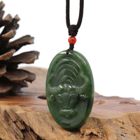 Baikalla Jewelry Jade Carving Necklace Natural Jade 12 Zodiac: Nephrite Jade Ox Pendant Necklace in Deep Green