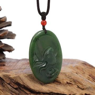 Baikalla Jewelry Jade Carving Necklace Natural Deep Blue Green Jadeite Jade "Roaring Tiger" Pendant Necklace For Men, Collectibles.