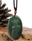 Baikalla Jewelry Jade Carving Necklace Natural Jade 12 Zodiac: Nephrite Jade Rooster Pendant Necklace in Deep Green