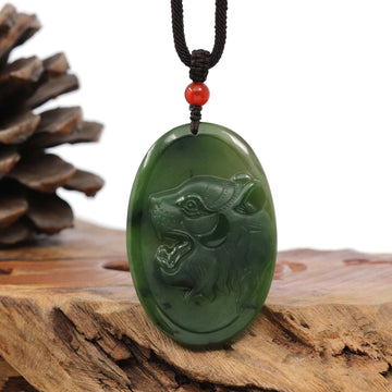 Baikalla Jewelry Jade Carving Necklace Natural Jade 12 Zodiac: Nephrite Jade Tiger Pendant Necklace in Deep Green