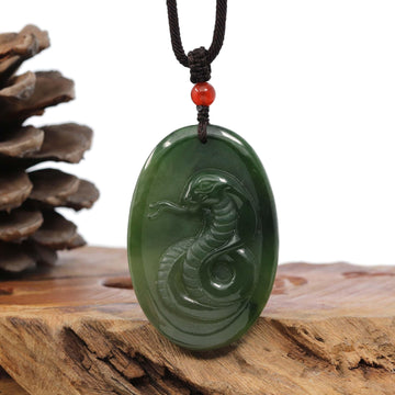 Baikalla Jewelry Jade Carving Necklace Natural Jade 12 Zodiac: Nephrite Jade Snake Pendant Necklace in Deep Green