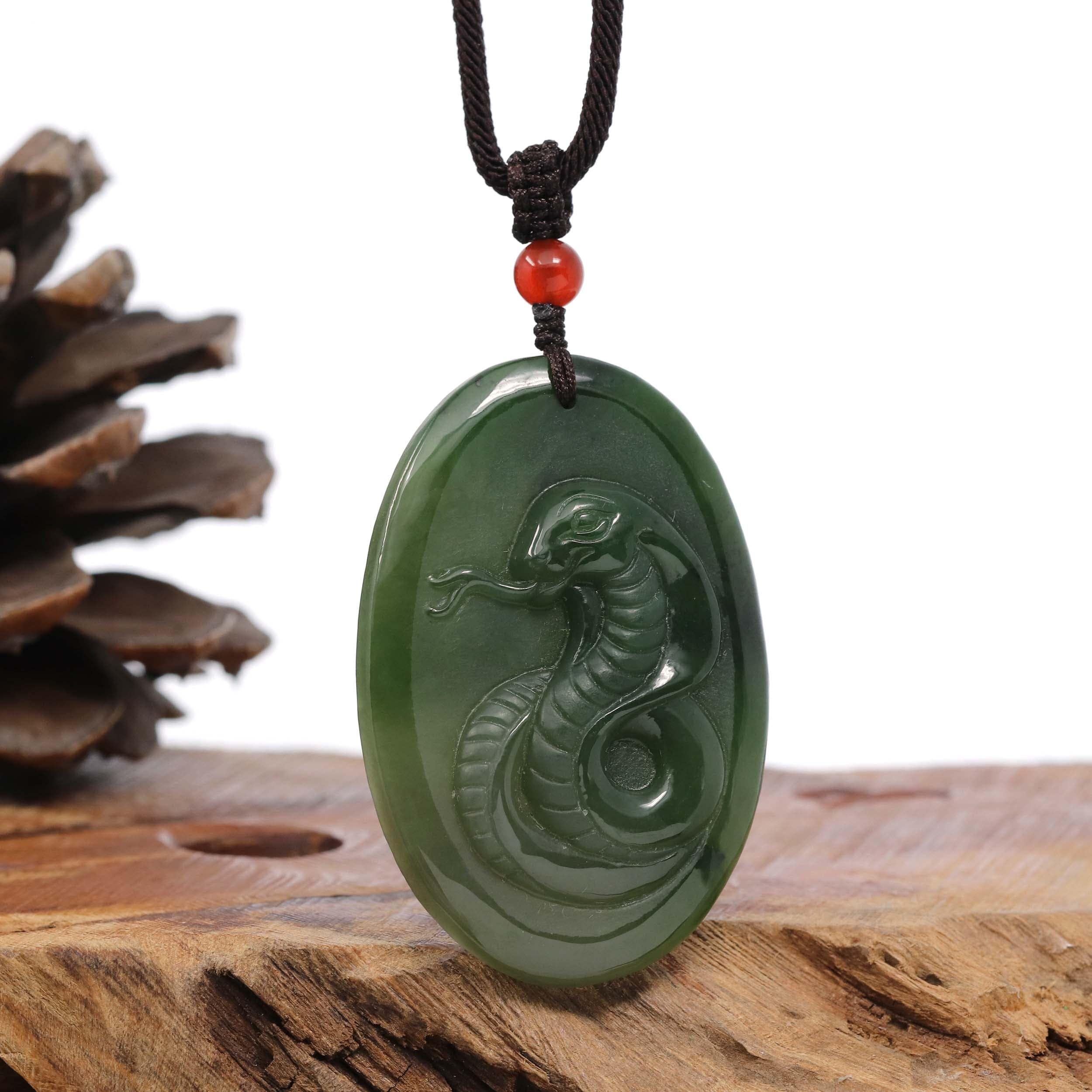 Natural Jade 12 Zodiac: Nephrite Jade Snake Pendant Necklace in