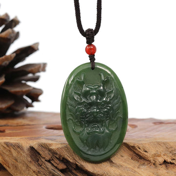 Baikalla Jewelry Jade Carving Necklace Natural Jade 12 Zodiac: Nephrite Jade Dragon Pendant Necklace in Deep Green