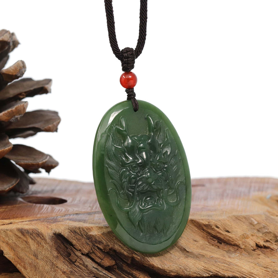Baikalla Jewelry Jade Carving Necklace Natural Jade 12 Zodiac: Nephrite Jade Dragon Pendant Necklace in Deep Green