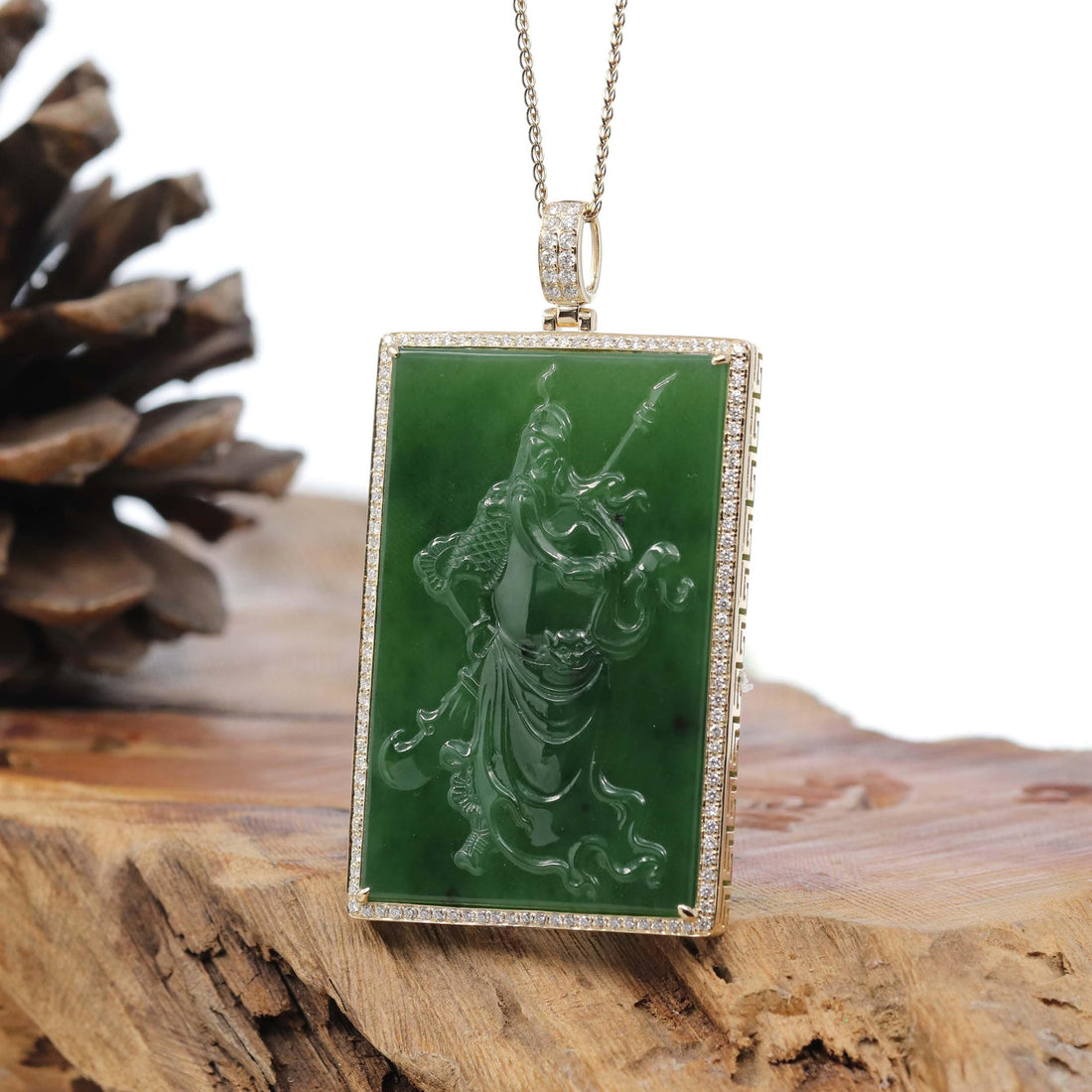 Baikalla Jewelry Gold Jade Buddha Baikalla™ "Guangong" Large 14k Yellow Gold Genuine Apple Green Nephrite Jade with VS1 Diamonds Pendant Necklace High-end Collectable