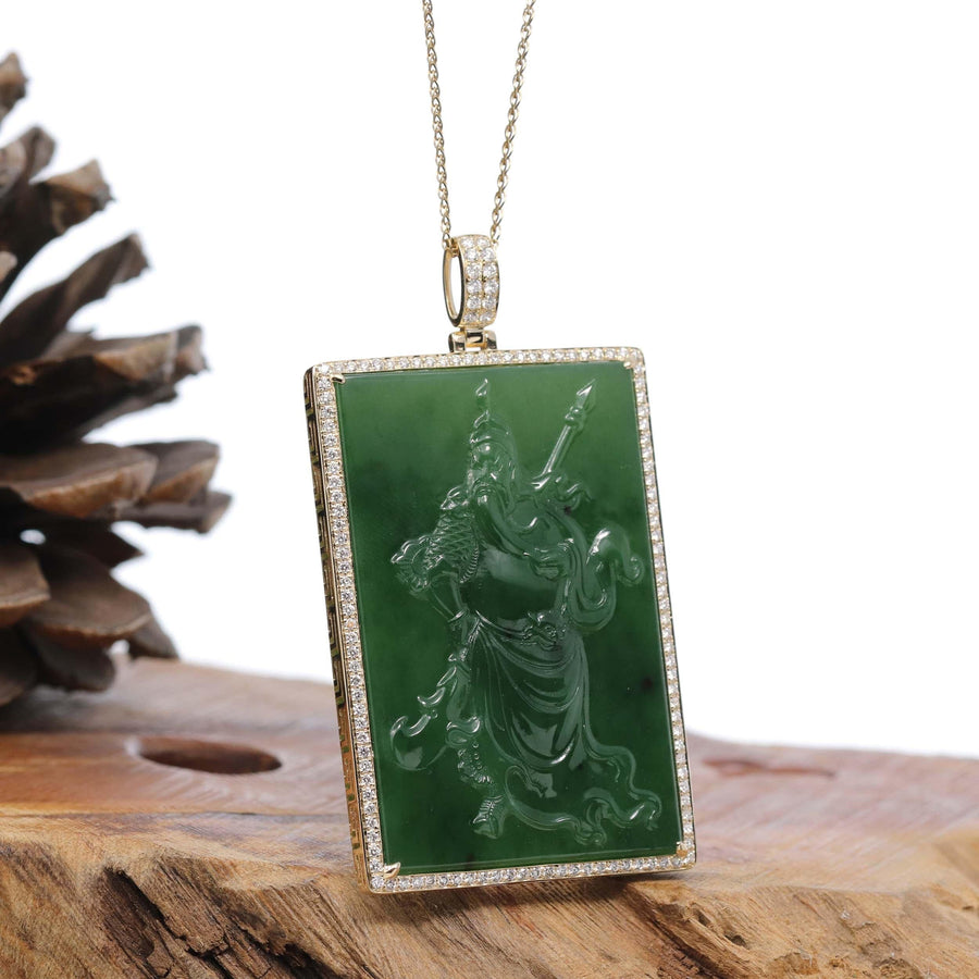 Baikalla Jewelry Gold Jade Buddha Baikalla™ "Guangong" Large 14k Yellow Gold Genuine Apple Green Nephrite Jade with VS1 Diamonds Pendant Necklace High-end Collectable