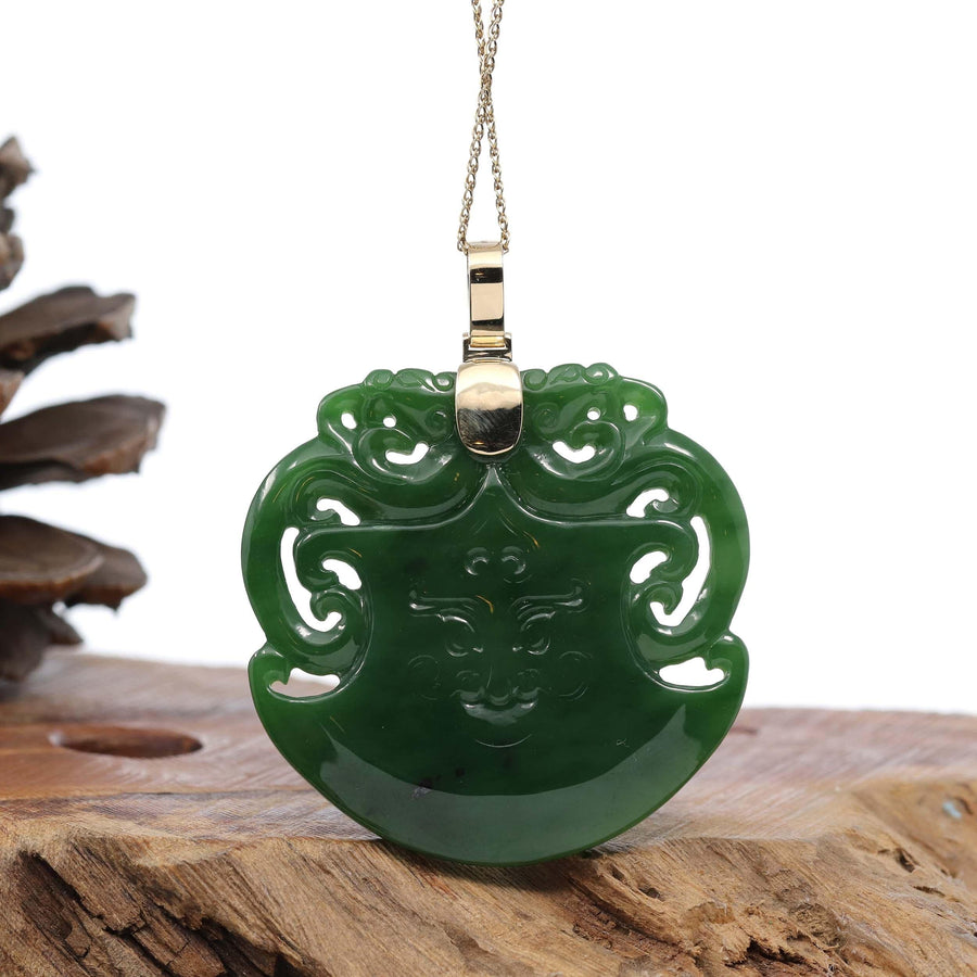 Baikalla Jewelry Gold Jade Buddha Baikalla™ "Dragon & Ax" Large 14k Yellow Gold Genuine Apple Green Nephrite Jade Pendant Necklace High-end Collectable